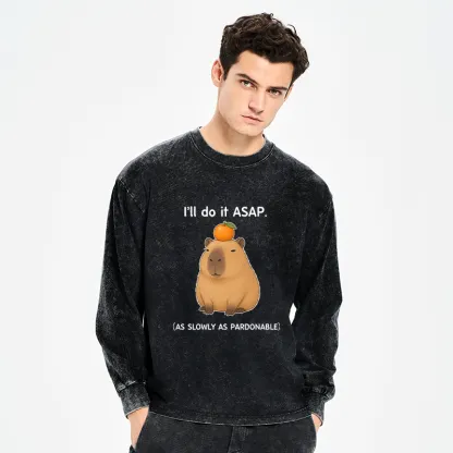 Tokyo-Tiger Slow Task Capybara Meme Washed Long Sleeve T-Shirt