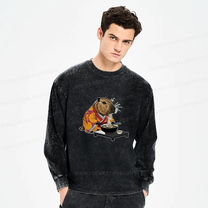 Tokyo-Tiger Cute Capybara Eating Ramen Washed Long Sleeve T-Shirt