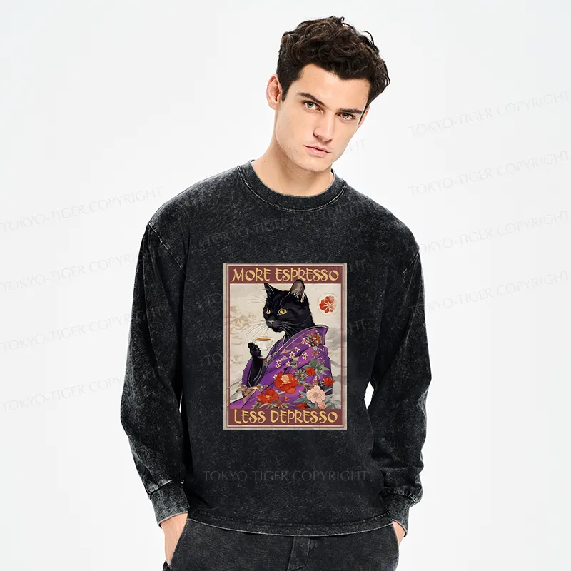 Tokyo-Tiger Japanese Cat Drinking Coffee Washed Long Sleeve T-Shirt