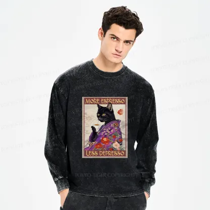 Tokyo-Tiger Japanese Cat Drinking Coffee Washed Long Sleeve T-Shirt