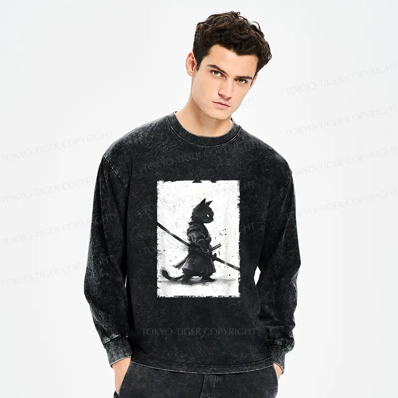 Tokyo-Tiger Retro Cat Samurai Japanese Washed Long Sleeve T-Shirt