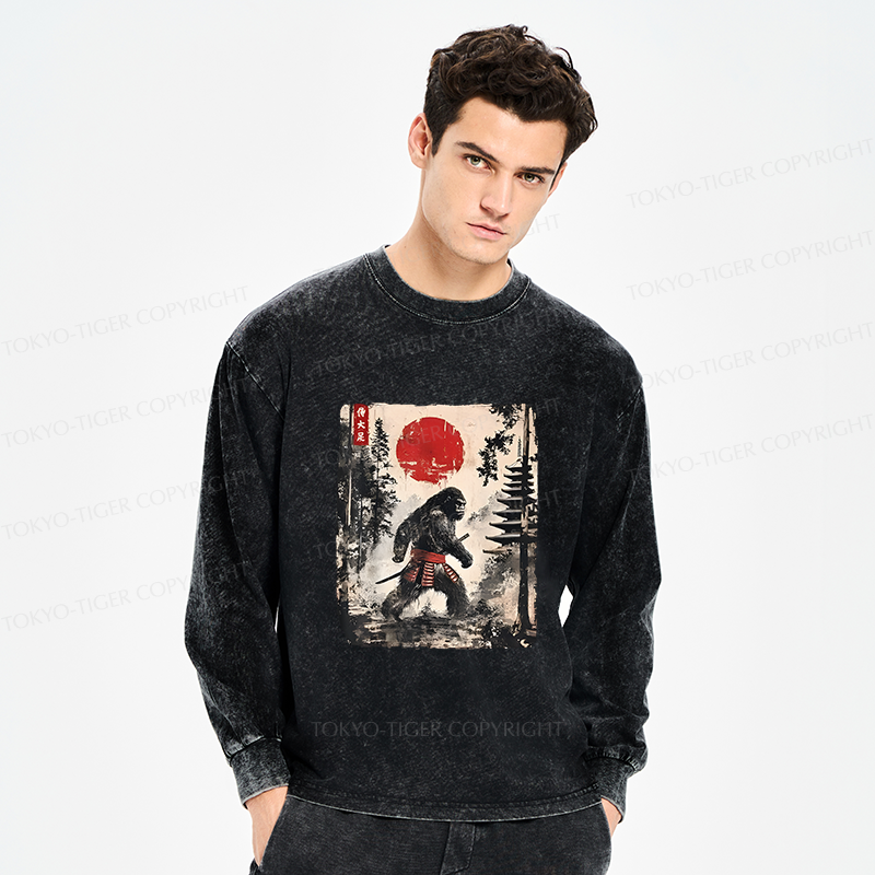 Tokyo-Tiger Japanese Samurai Bigfoot Washed Long Sleeve T-Shirt