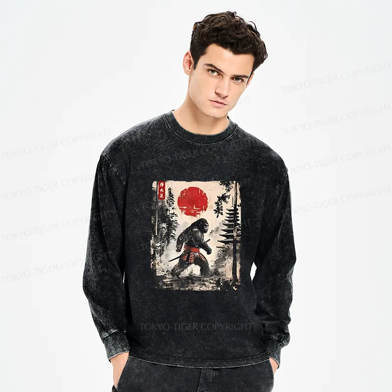 Tokyo-Tiger Japanese Samurai Bigfoot Washed Long Sleeve T-Shirt