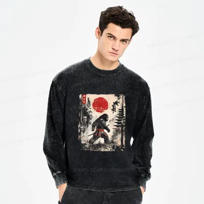Tokyo-Tiger Japanese Samurai Bigfoot Washed Long Sleeve T-Shirt