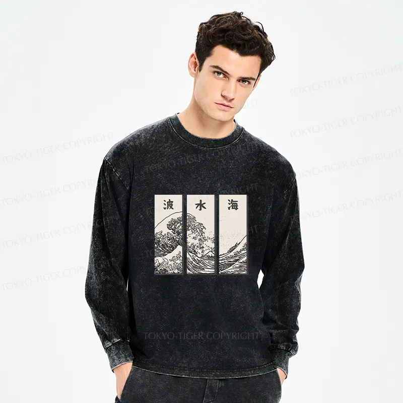 Tokyo-Tiger Japanese Art Wave Washed Long Sleeve T-Shirt