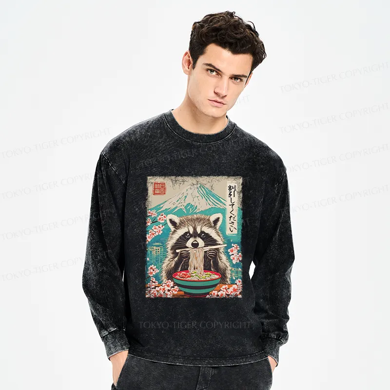 Tokyo-Tiger Please Give Raccoon A Discount Washed Long Sleeve T-Shirt