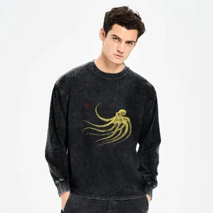 Tokyo-Tiger Retro Octopus Japanese Washed Long Sleeve T-Shirt