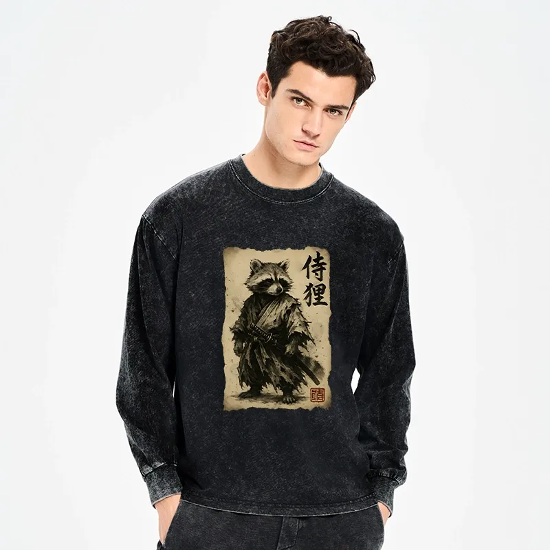 Tokyo-Tiger Retro Raccoon Samurai Washed Long Sleeve T-Shirt