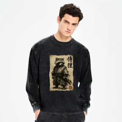 Tokyo-Tiger Retro Raccoon Samurai Washed Long Sleeve T-Shirt