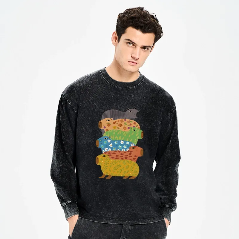 Tokyo-Tiger Colorful Capybaras Washed Long Sleeve T-Shirt