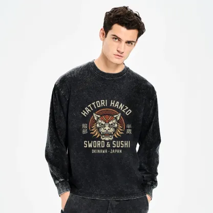 Tokyo-Tiger Hattori Lion Japanese Samurai Washed Long Sleeve T-Shirt