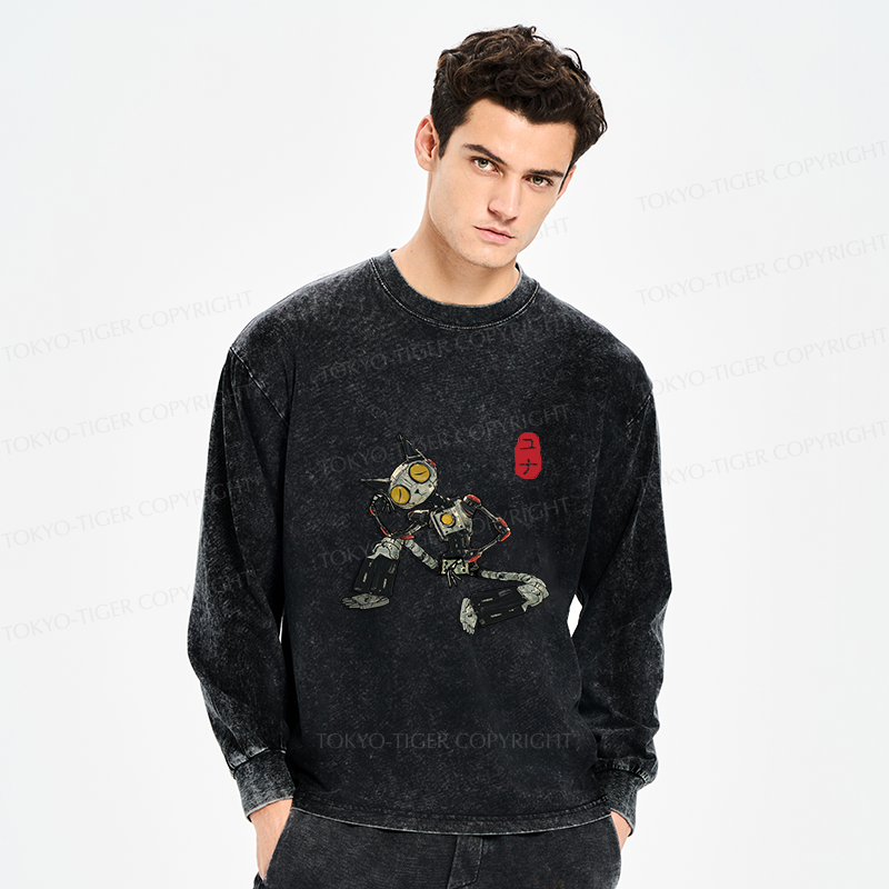 Tokyo-Tiger Contemplative Robot Cat Washed Long Sleeve T-Shirt
