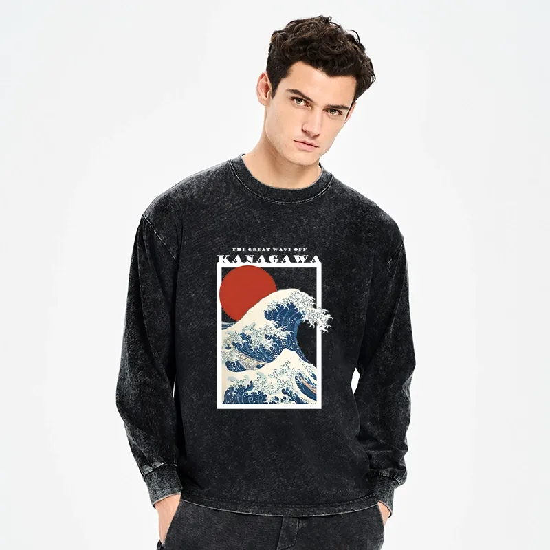 Tokyo-Tiger Minimalist Ukiyo-e Waves Washed Long Sleeve T-Shirt