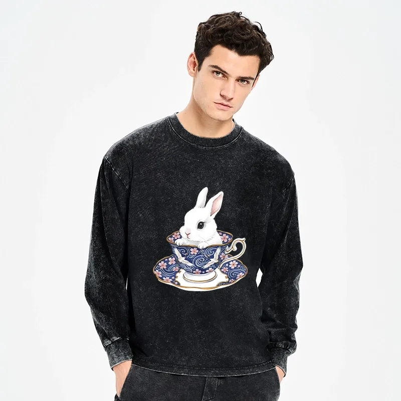 Tokyo-Tiger Cute Rabbit Tea Set Washed Long Sleeve T-Shirt