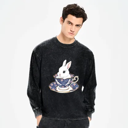 Tokyo-Tiger Cute Rabbit Tea Set Washed Long Sleeve T-Shirt