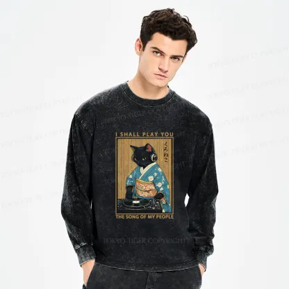 Tokyo-Tiger Funny Playing Music Black Cat Washed Long Sleeve T-Shirt