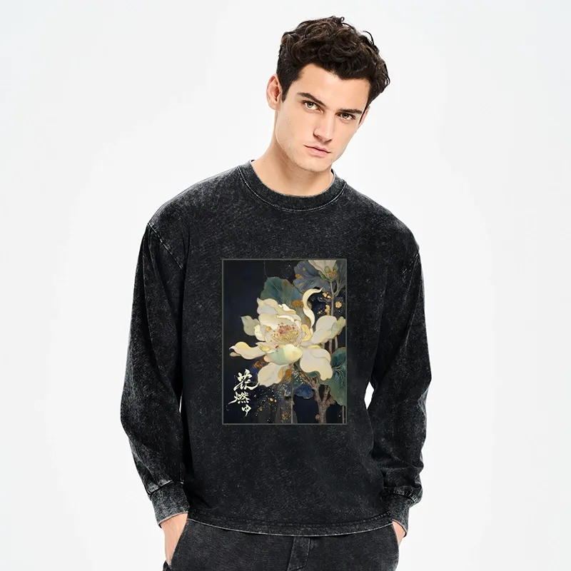 Tokyo-Tiger Lotus Adorned With Golden Specks Washed Long Sleeve T-Shirt