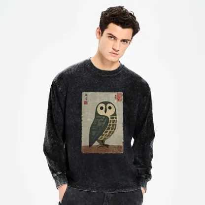Tokyo-Tiger Traditional Owl In Japanese Art Washed Long Sleeve T-Shirt