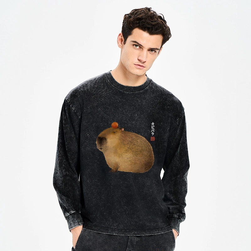 Tokyo-Tiger Calm Capybara Illustration Washed Long Sleeve T-Shirt