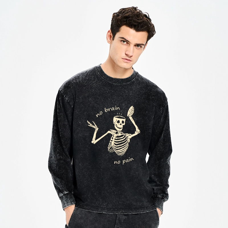 Tokyo-Tiger Skeletons Feel No Pain Washed Long Sleeve T-Shirt