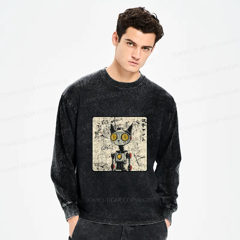 Tokyo-Tiger Robot Cat Washed Long Sleeve T-Shirt