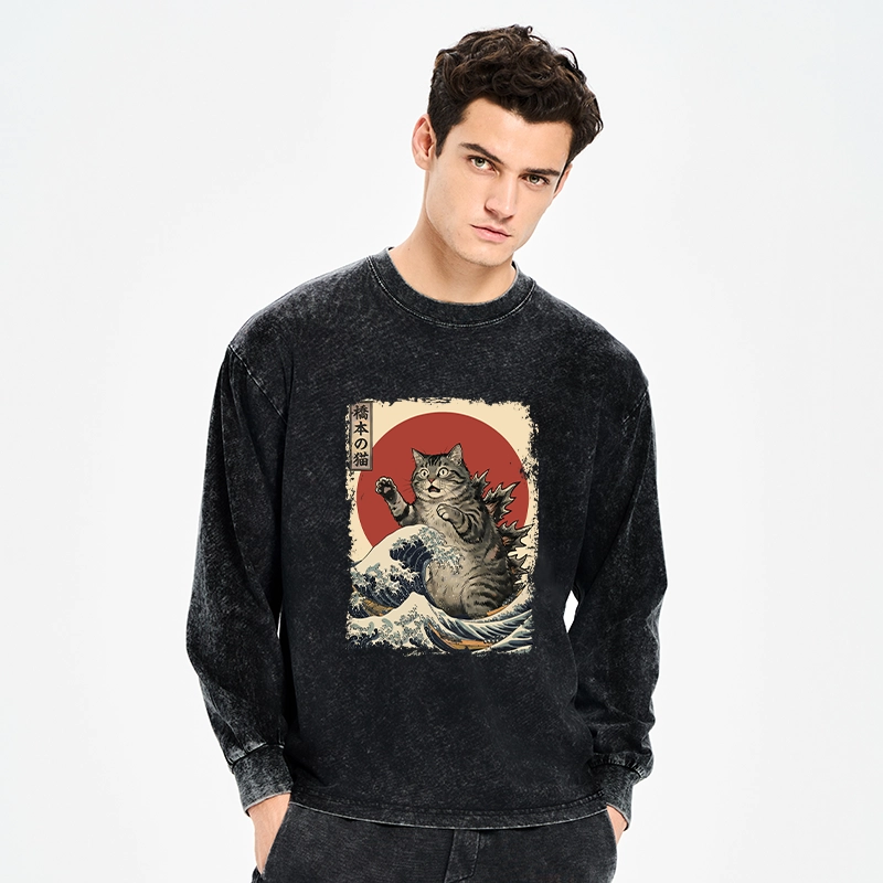 Tokyo-Tiger Catzilla Is Causing Destruction Washed Long Sleeve T-Shirt