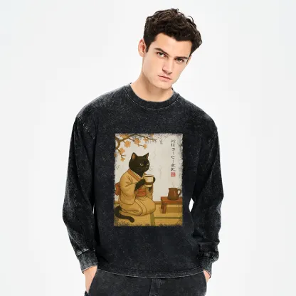 Tokyo-Tiger Cat Heart Full Of Coffee Washed Long Sleeve T-Shirt