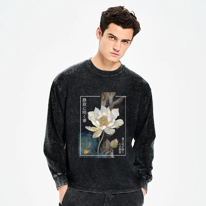 Tokyo-Tiger Blooming Lotus Japan Washed Long Sleeve T-Shirt
