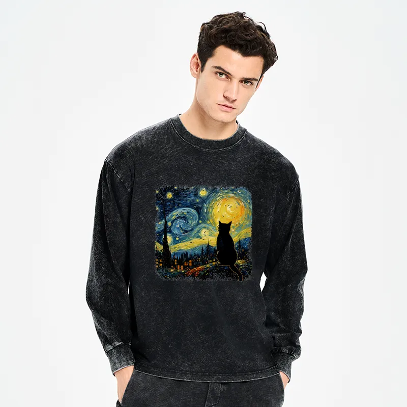 Tokyo-Tiger The Starry Night Cat Washed Long Sleeve T-Shirt