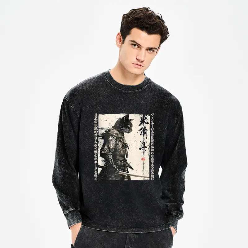 Tokyo-Tiger Cat Samurai Retro Washed Long Sleeve T-Shirt