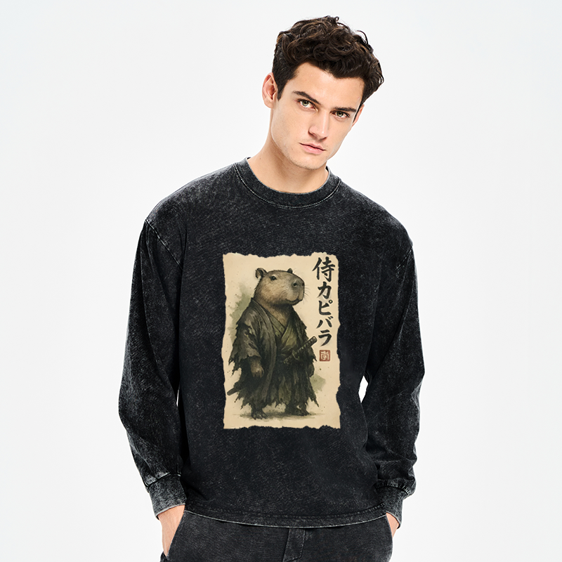 Tokyo-Tiger Capybara Samurai Washed Long Sleeve T-Shirt