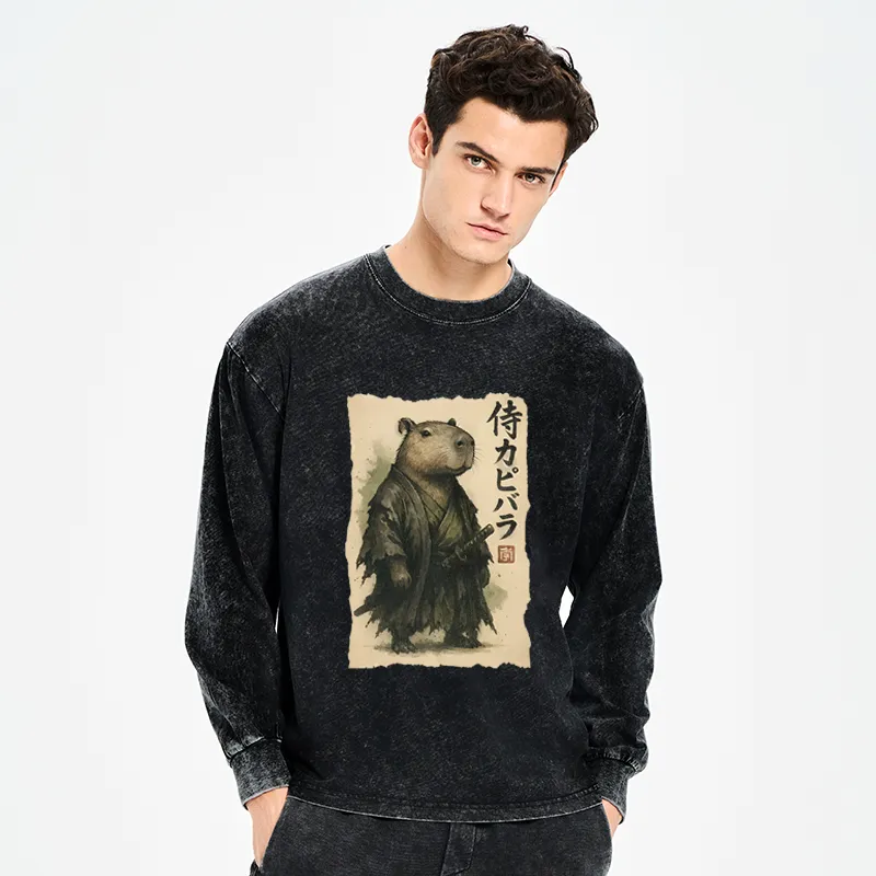 Tokyo-Tiger Capybara Samurai Washed Long Sleeve T-Shirt
