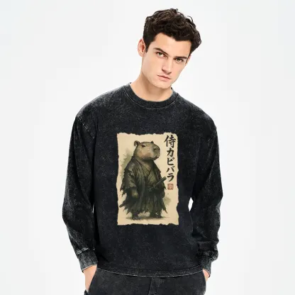 Tokyo-Tiger Capybara Samurai Washed Long Sleeve T-Shirt