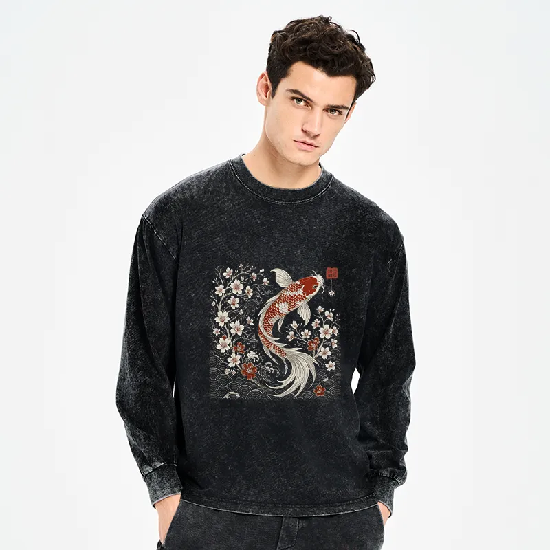Tokyo-Tiger Vintage Sakura And Koi Washed Long Sleeve T-Shirt