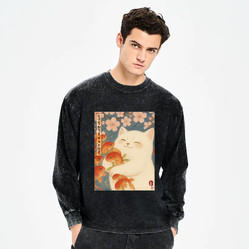 Tokyo-Tiger Funny Ukiyoe Cat and Fish Flower Washed Long Sleeve T-Shirt