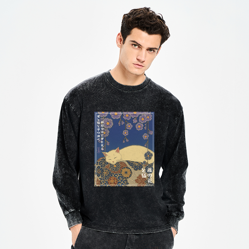 Tokyo-Tiger Ukiyoe Wisteria Flowers and Cats Washed Long Sleeve T-Shirt