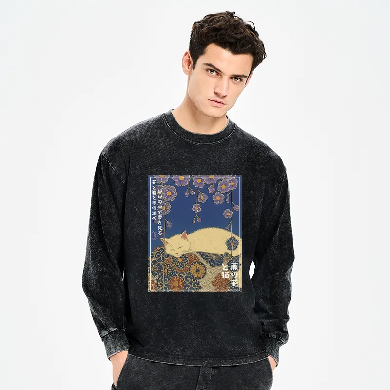 Tokyo-Tiger Ukiyoe Wisteria Flowers and Cats Washed Long Sleeve T-Shirt