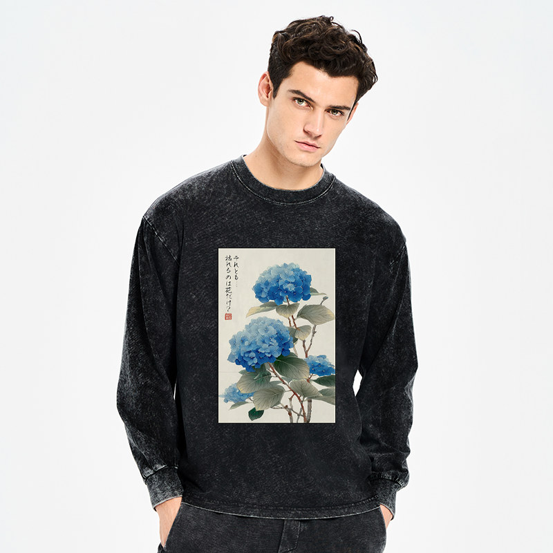 Tokyo-Tiger Ukiyoe Hydrangeas: A Reflection of the Soul Washed Long Sleeve T-Shirt