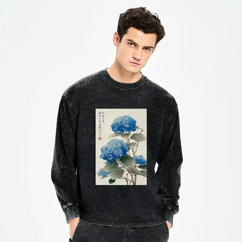 Tokyo-Tiger Ukiyoe Hydrangeas: A Reflection of the Soul Washed Long Sleeve T-Shirt