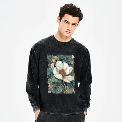 Tokyo-Tiger Ukiyoe Magnolia Flower Poster Washed Long Sleeve T-Shirt