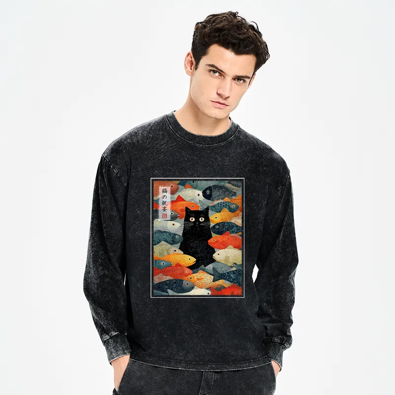 Tokyo-Tiger The Cat's Feast of Fish Washed Long Sleeve T-Shirt