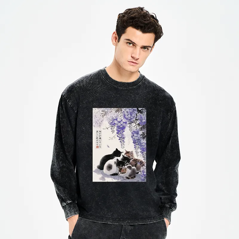 Tokyo-Tiger Cats plotting under the wisteria Washed Long Sleeve T-Shirt