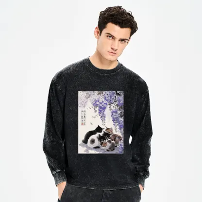 Tokyo-Tiger Cats plotting under the wisteria Washed Long Sleeve T-Shirt