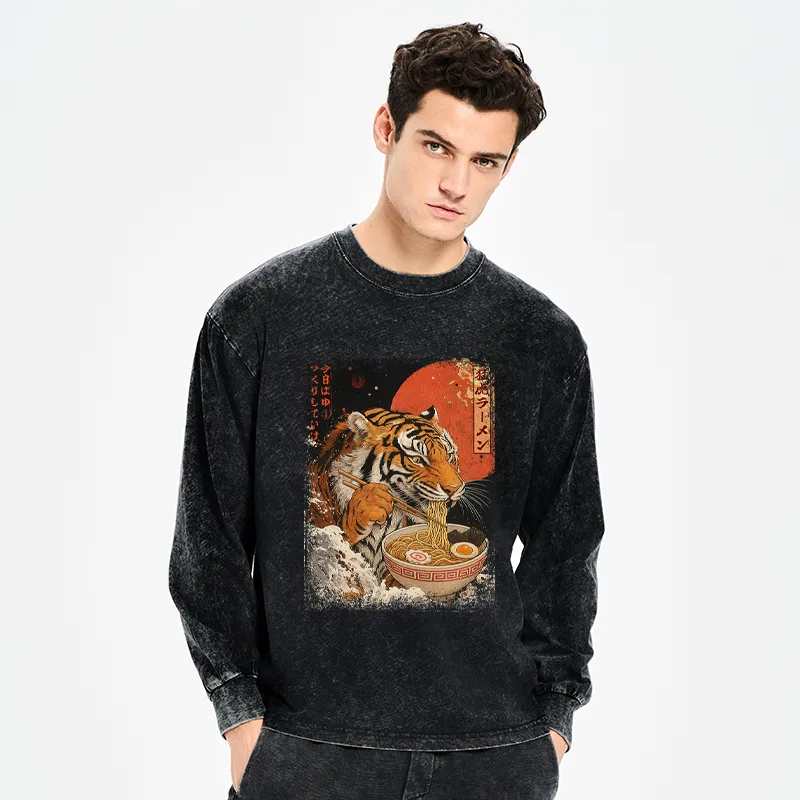 Tokyo-Tiger Ukiyoe Japan Tiger Eating Ramen Washed Long Sleeve T-Shirt