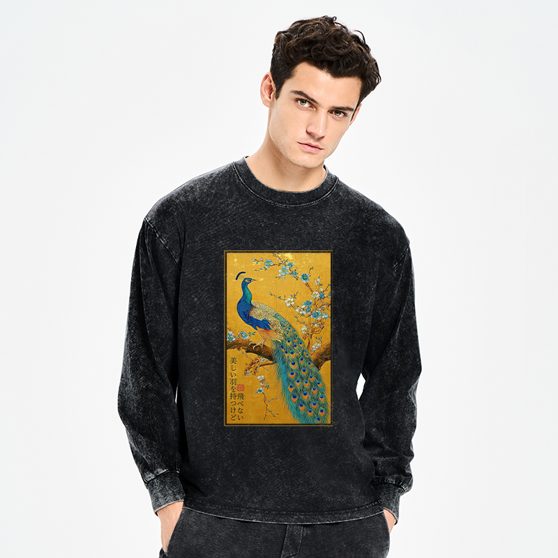 Tokyo-Tiger The Peacock's Silent Elegance Washed Long Sleeve T-Shirt