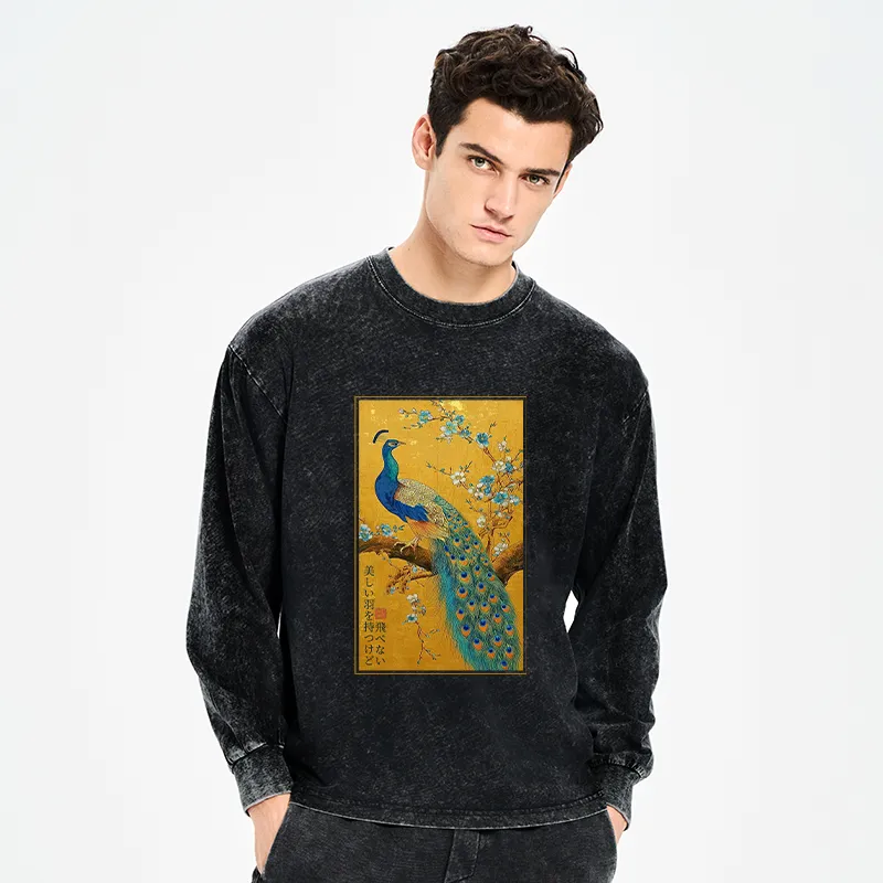 Tokyo-Tiger The Peacock's Silent Elegance Washed Long Sleeve T-Shirt