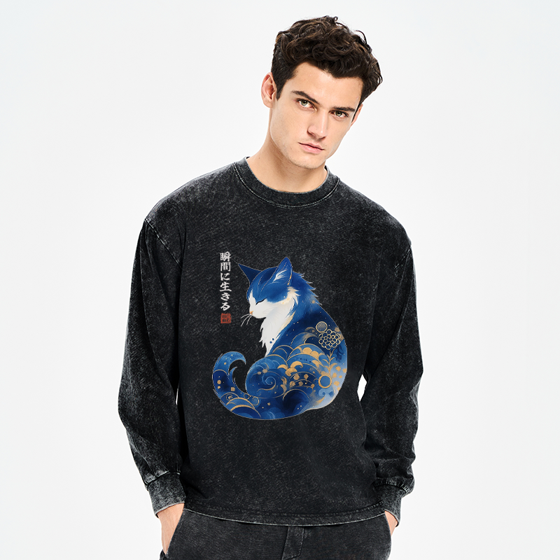 Tokyo-Tiger Retro Zen Cat: Living the Present Washed Long Sleeve T-Shirt