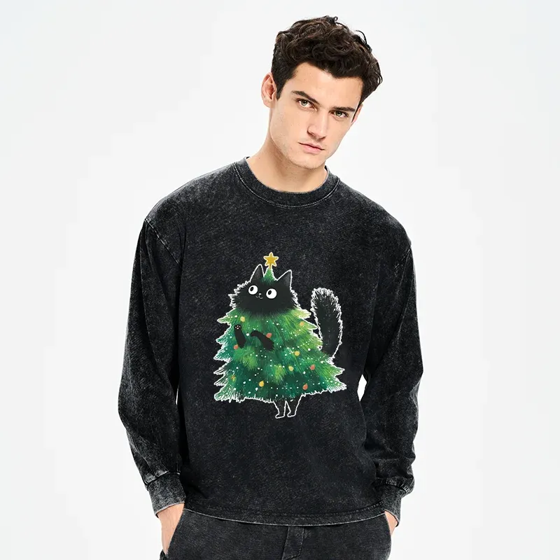 Tokyo-Tiger Christmas Tree Cat Japan Washed Long Sleeve T-Shirt