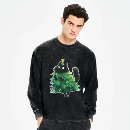 Tokyo-Tiger Christmas Tree Cat Japan Washed Long Sleeve T-Shirt