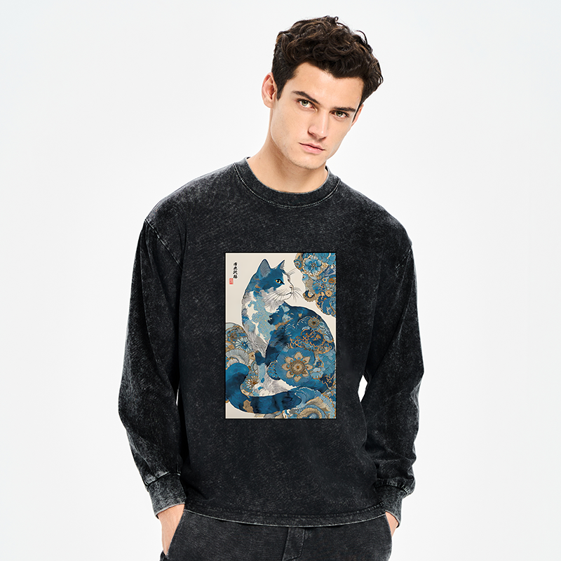 Tokyo-Tiger Japanese Ukiyo-e Flowers Cat Washed Long Sleeve T-Shirt
